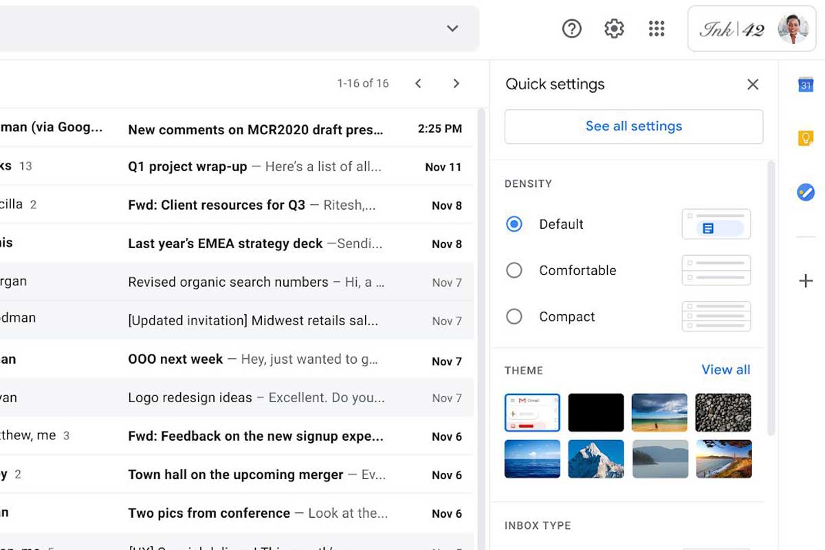 Le nouveau menu de configuration rapide apparaîtra dans la partie supérieure droite de votre fenêtre Gmail.