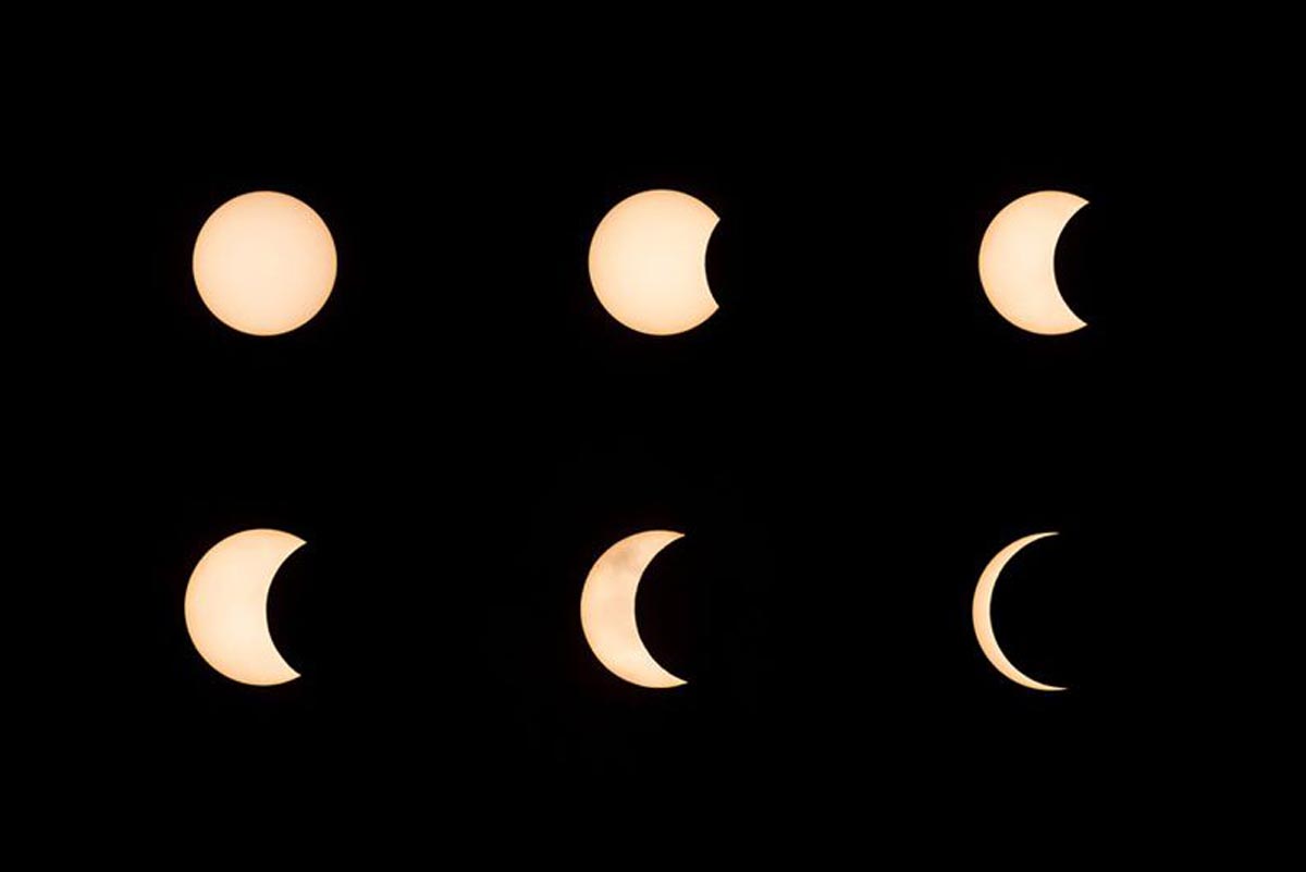 Ces images montrent la lune se déplaçant devant le soleil pendant l'éclipse solaire annulaire.