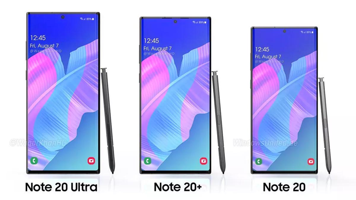 Galaxy Note 20 Ultra : l'avant des trois téléphones.