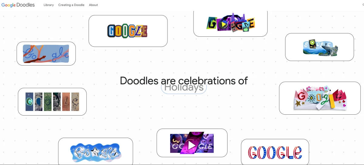 Page d’accueil de Google Doodles présentant plusieurs logos artistiques