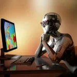 Un robot humanoïde assis devant un ordinateur coloré, symbolisant la dépendance à Internet