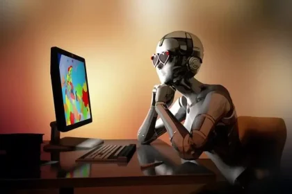 Un robot humanoïde assis devant un ordinateur coloré, symbolisant la dépendance à Internet