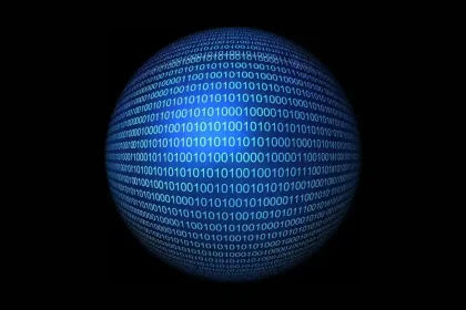 Une sphère bleue avec des chiffres binaires représentant le concept de l’informatique et du traitement des données numériques.