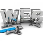 Illustration représentant le mot "WEB" en métal, accompagné d'outils comme des boulons et une clé, symbolisant la construction et la maintenance des sites web.