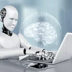 Un robot humanoïde travaillant sur un ordinateur portable, illustrant le concept de l'intelligence artificielle et de ses interactions avec les technologies modernes.