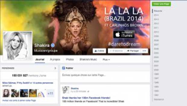 Shakira passe la barre des 100 millions de fans sur Facebook !