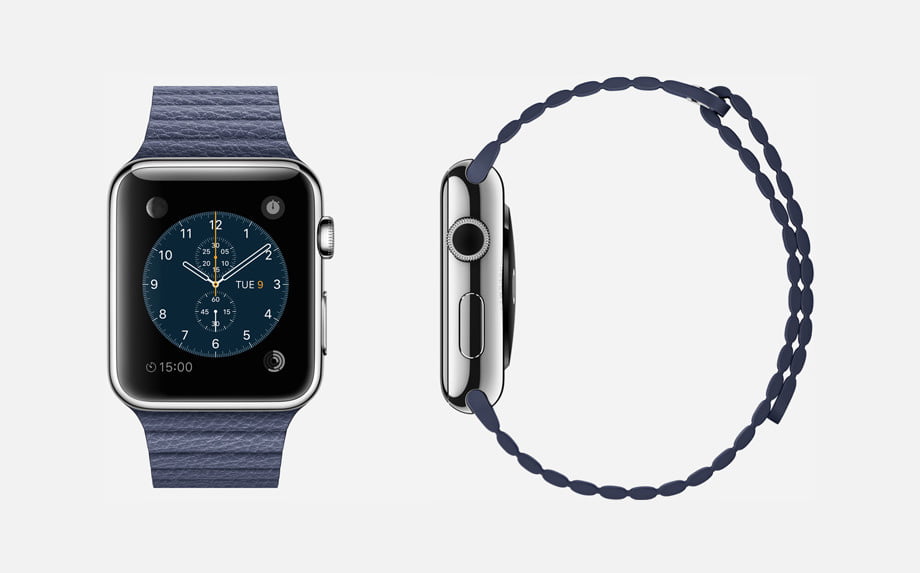 APPLE WATCH : 42mm Case - 316L Stainless Steel - Sapphire Crystal Display - Ceramic Back - Leather Loop - Bright Blue Leather - Magnetic Closure