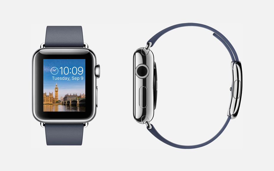 APPLE WATCH : 38mm Case - 316L Stainless Steel - Sapphire Crystal Display - Ceramic Back - Modern Buckle - Midnight Blue Leather - Stainless Steel Buckle