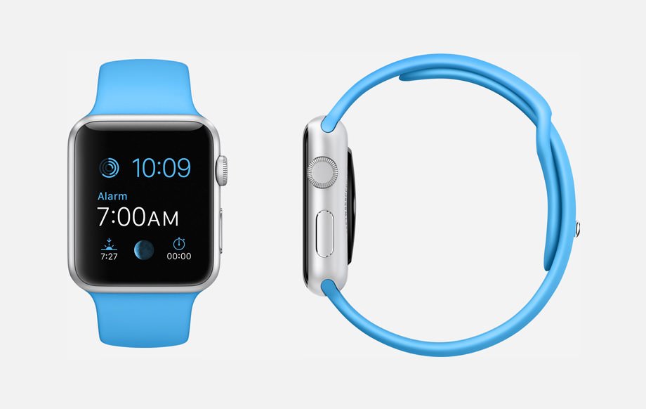 APPLE WATCH SPORT : 38mm and 42mm Case - 7000 Series Silver Aluminum - Ion-X Glass Display - Composite Back - Sport Band - Blue Fluoroelastomer - Stainless Steel Pin