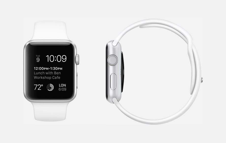 APPLE WATCH SPORT : 38mm and 42mm Case - 7000 Series Silver Aluminum - Ion-X Glass Display - Composite Back - Sport Band - White Fluoroelastomer - Stainless Steel Pin