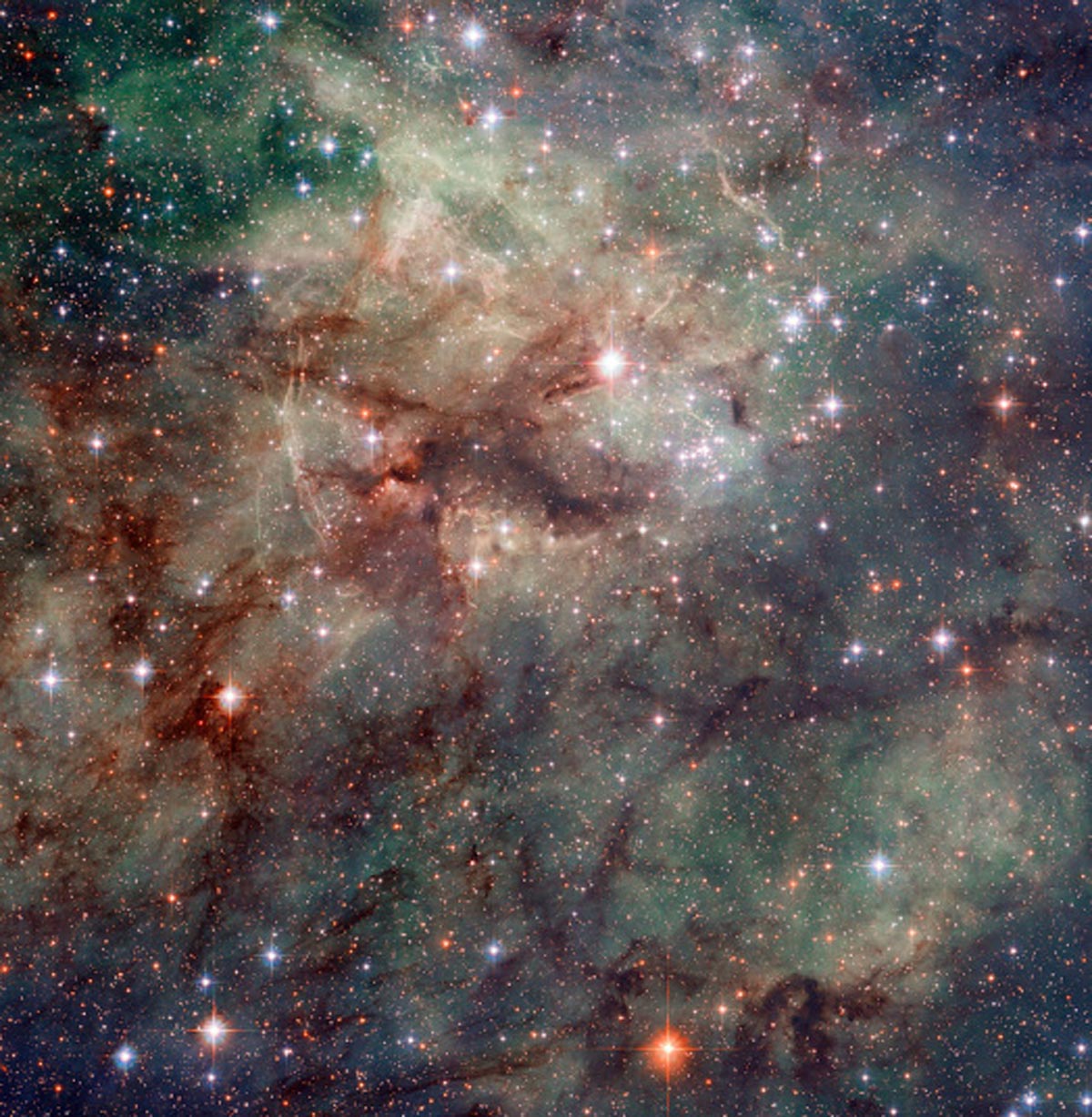 16. Gros plan d'une partie de la nébuleuse de la tarentule. Il s'agit d'une région de formation d'étoiles d'hydrogène ionisé dans le grand nuage de Magellan. (Photo : NASA/ESA/Hubble)