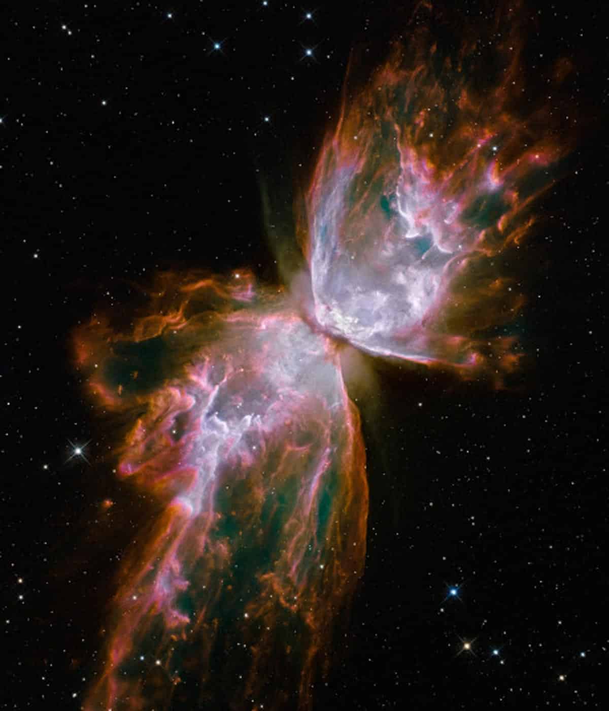 9. Ce papillon délicat est en réalité constitué de chaudrons de gaz chauffé à près de 20 000 degrés Celsius. Le gaz se déchire dans l'espace à plus de 950 000 km/h. Il s'agit d'une étoile mourante qui avait autrefois environ cinq fois la masse du soleil. Cet objet est un exemple d'une nébuleuse planétaire, ainsi nommé parce que beaucoup d'entre elles ont un aspect rond qui ressemble à celle d'une planète vue à travers un petit télescope. (Photo : NASA/ESA/Hubble)