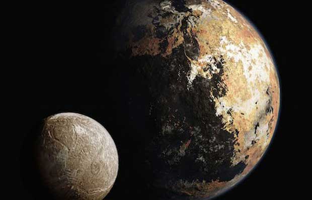 Vue d'artiste de Pluton et sa lune Charon.