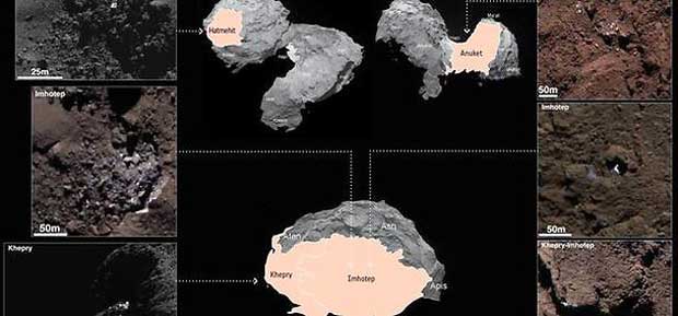 Voici quelques-unes des plaques de glace d'eau repérées à la surface de la comète Tchouri.