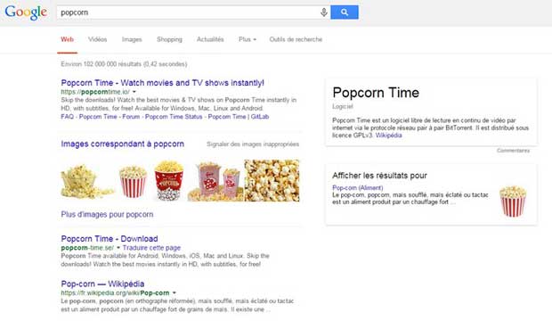 Pour Google, « Popcorn Time » correspond le plus à la recherche du mot « popcorn »