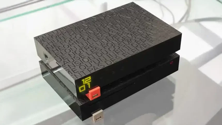 Freebox Révolution posée sur une table en verre, avec un affichage numérique et un design noir gravé.