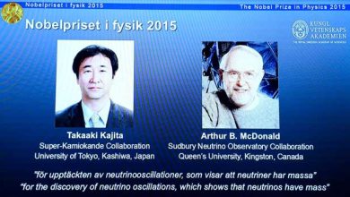Les portraits des co-lauréats du prix Nobel de physique le Japonais Takaaki Kajita (g) et le Canadien, Arthur B McDonald, le 6 octobre 2015 à Stockholm.