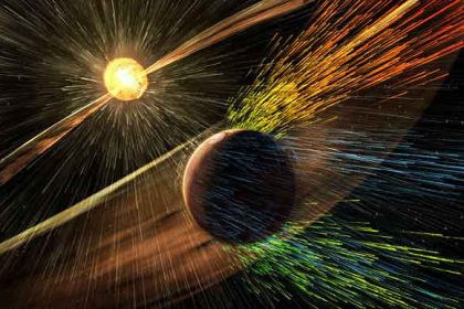 Vue d'artiste tempête solaire frappant Mars atmosphère planète NASA