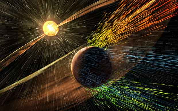 Vue d'artiste tempête solaire frappant Mars atmosphère planète NASA