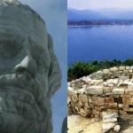 Montage montrant un buste d'Aristote et les ruines de sa tombe présumée face à la mer à Stagire.