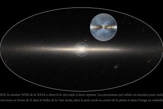 En 2010, la mission WISE de la NASA a observé le ciel entier à deux reprises. Les astronomes ont utilisé ces données pour souligner la structure en forme de X dans le bulbe de la Voie lactée, dans le petit cercle au centre de la photo et dans l'image en médaillon.