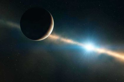 Illustration d'artiste de l'exoplanète Beta Pictoris b et de sa lointaine étoile, Beta Pictoris. — ESO/L. Calçada/Wikimedia Commons