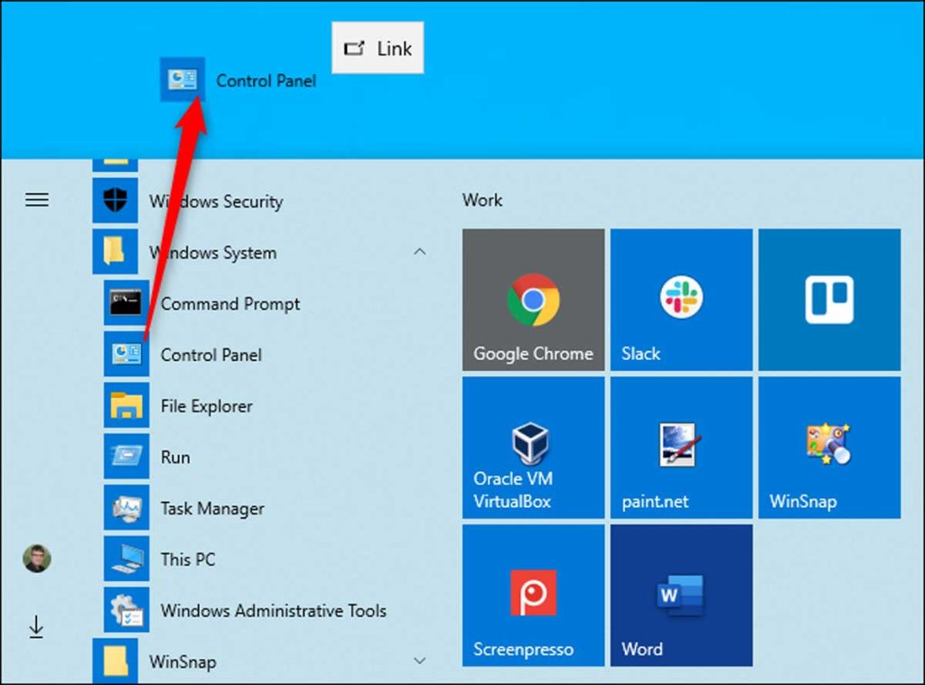 Windows 10 : link to control panel