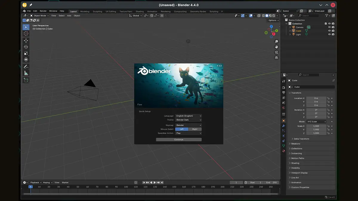 Interface de démarrage de Blender 4.4.0 avec menu de configuration rapide