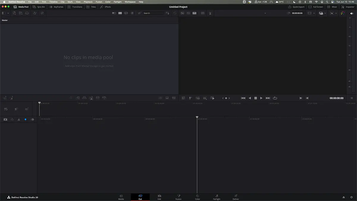 Interface de démarrage de DaVinci Resolve avec sa timeline vierge et outils d’édition