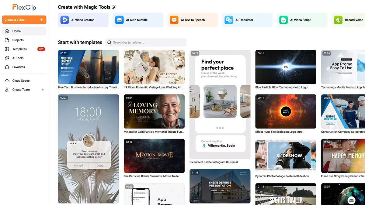 Interface de FlexClip montrant des modèles de vidéos prêts à l’emploi