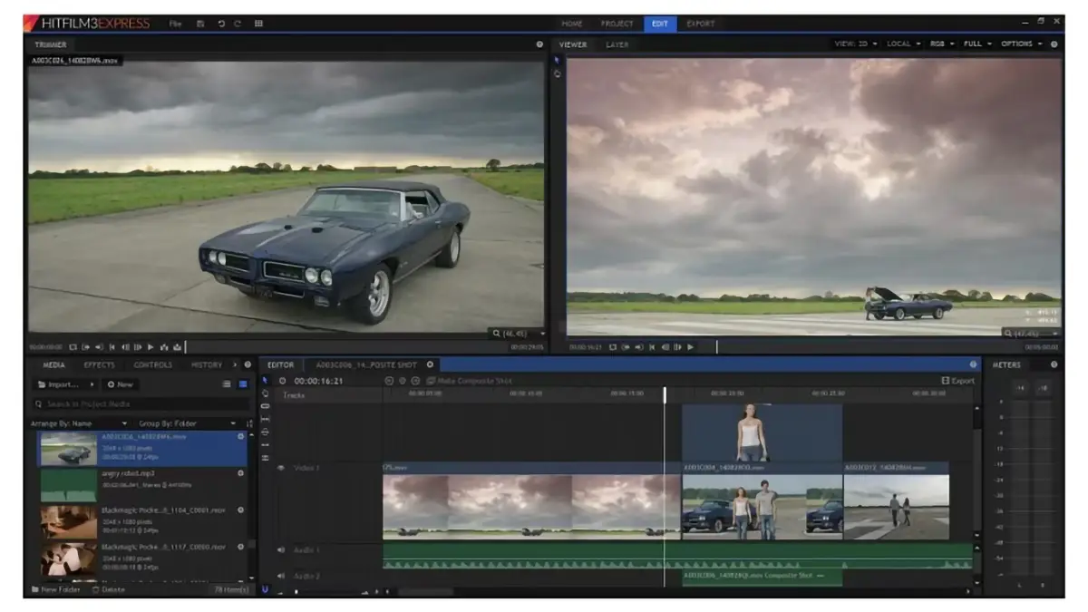Interface de HitFilm Express avec timeline et double aperçu vidéo