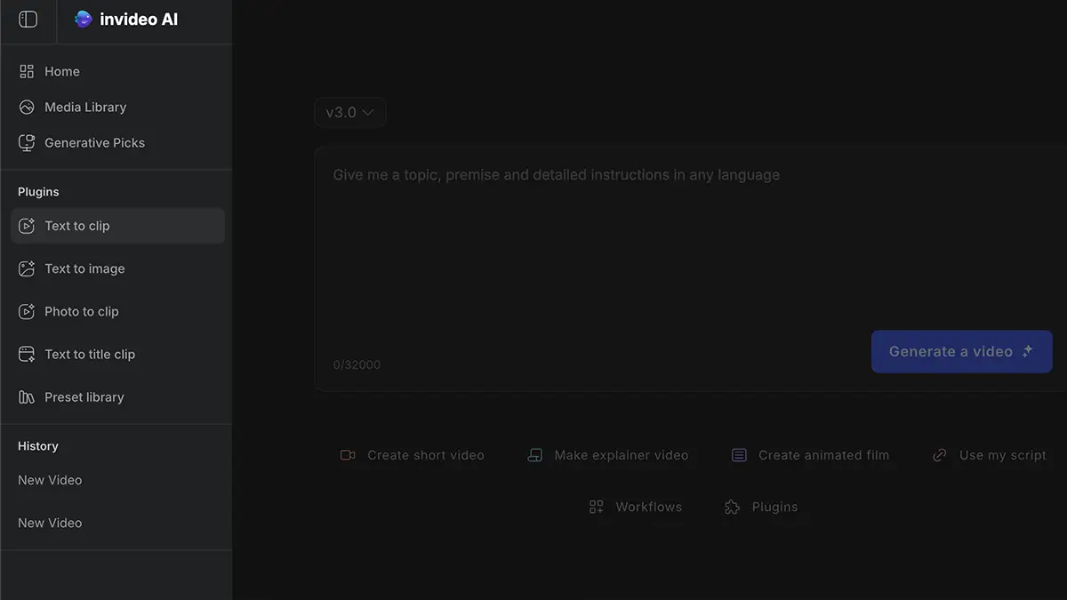 Interface InVideo AI avec options de création de vidéo automatisée