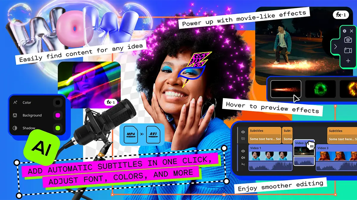 Présentation des fonctionnalités de Movavi Video Editor 2025 avec IA, effets et sous-titres