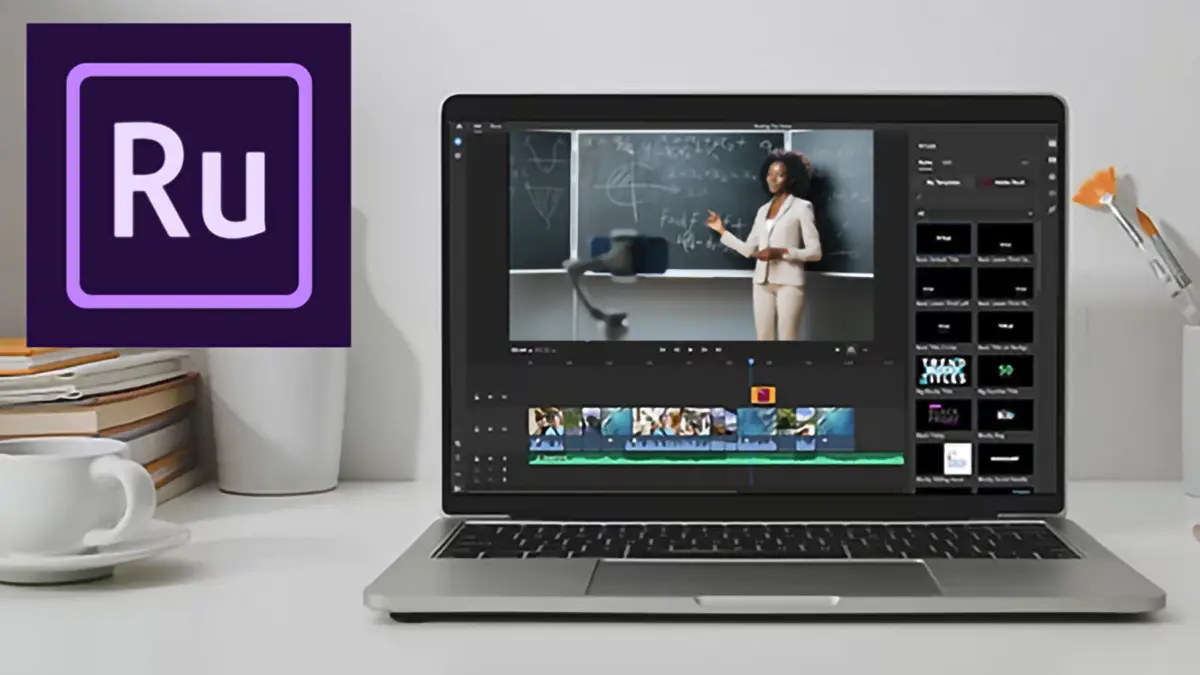 Interface d’Adobe Premiere Rush sur ordinateur portable en cours de montage vidéo