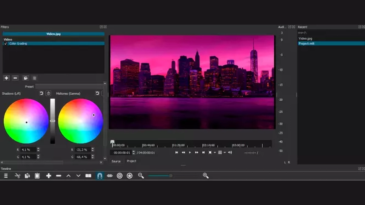 Interface de Shotcut avec réglages de correction colorimétrique appliqués à une vidéo