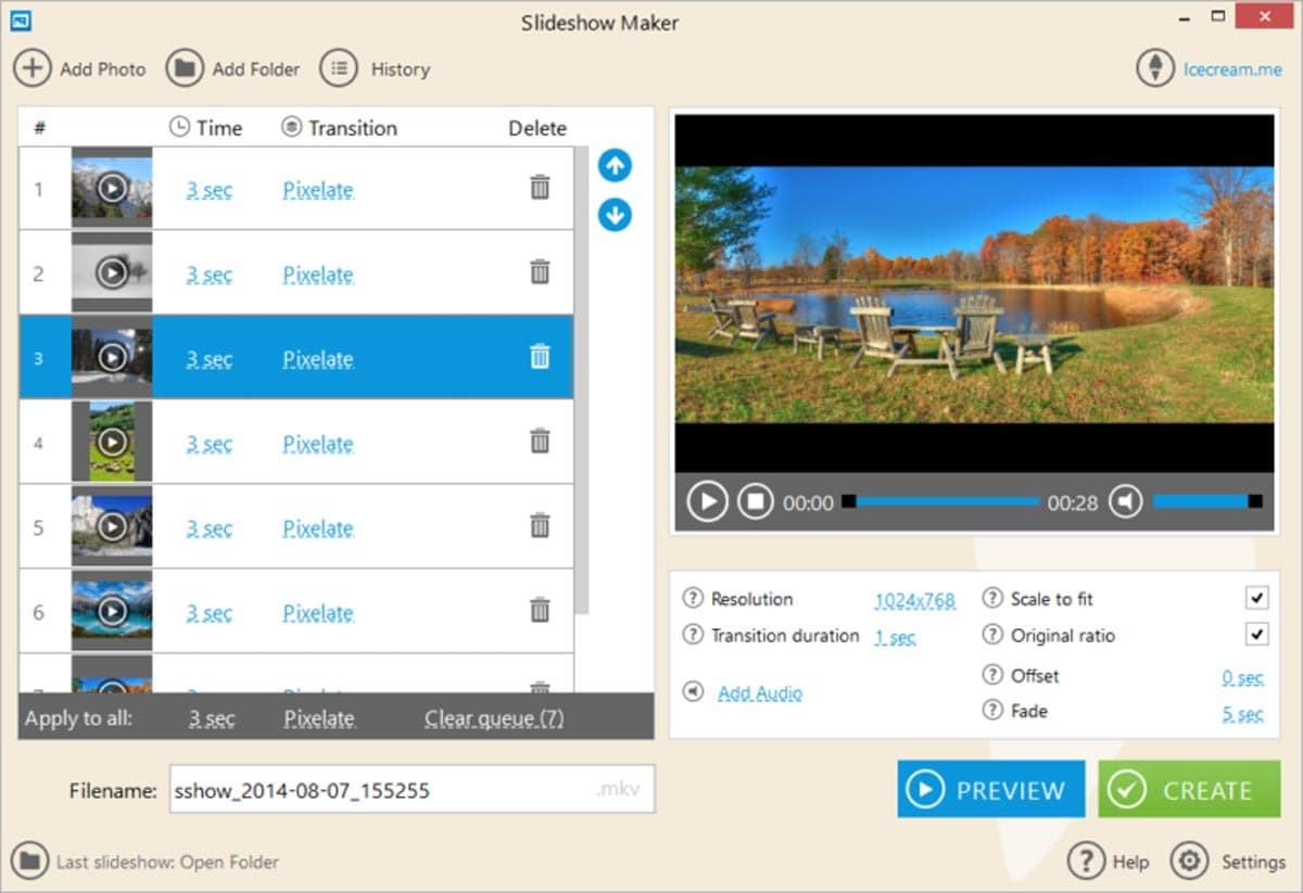 Capture d'écran de l'interface utilisateur de Icecream Slideshow Maker.