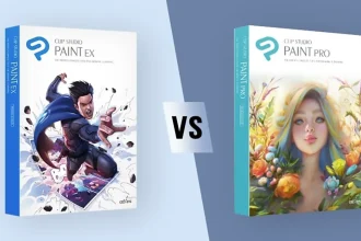 Comparaison entre Clip Studio Paint EX et Clip Studio Paint PRO, illustrée avec les couvertures des deux logiciels.
