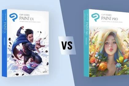 Comparaison entre Clip Studio Paint EX et Clip Studio Paint PRO, illustrée avec les couvertures des deux logiciels.