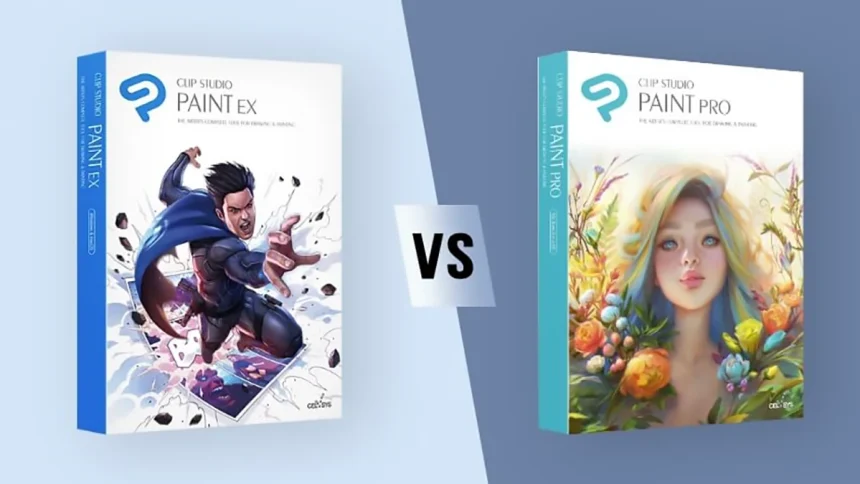 Comparaison entre Clip Studio Paint EX et Clip Studio Paint PRO, illustrée avec les couvertures des deux logiciels.
