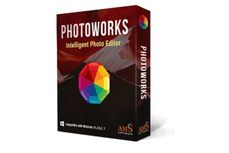 Illustration de la boîte du logiciel PhotoWorks, un éditeur photo intelligent pour Windows, axé sur la simplicité et les fonctionnalités avancées.