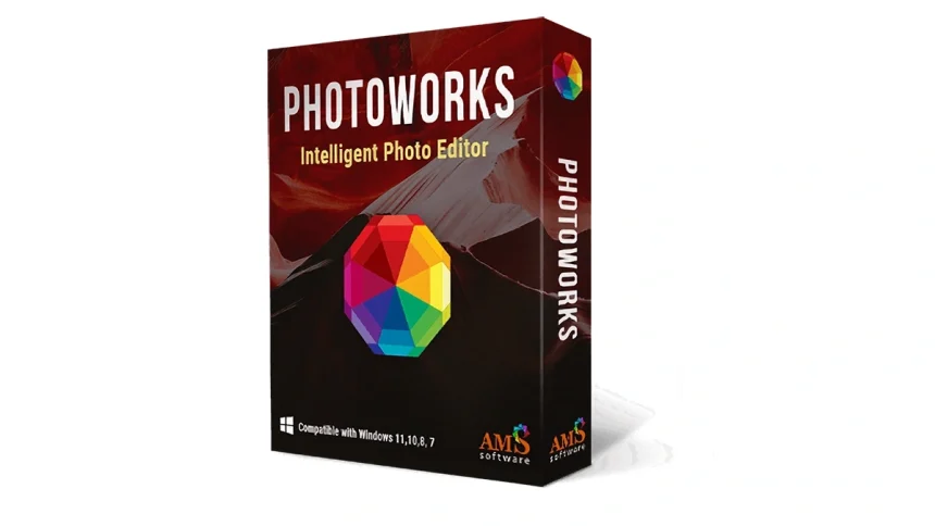 Illustration de la boîte du logiciel PhotoWorks, un éditeur photo intelligent pour Windows, axé sur la simplicité et les fonctionnalités avancées.