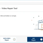 Page d'accueil de l'outil SFWare Video Repair, avec des options pour réparer des fichiers AVI et MOV/MP4 endommagés.