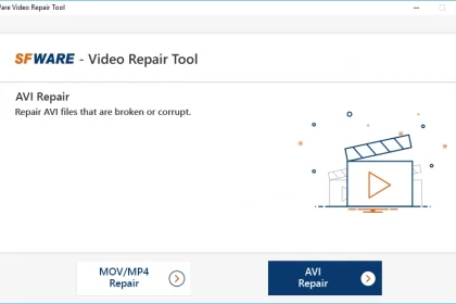 Page d'accueil de l'outil SFWare Video Repair, avec des options pour réparer des fichiers AVI et MOV/MP4 endommagés.