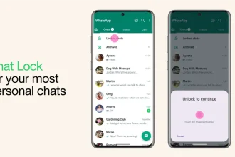 Interface mobile WhatsApp montrant le dossier Discussions verrouillées et l'écran de déverrouillage biométrique.