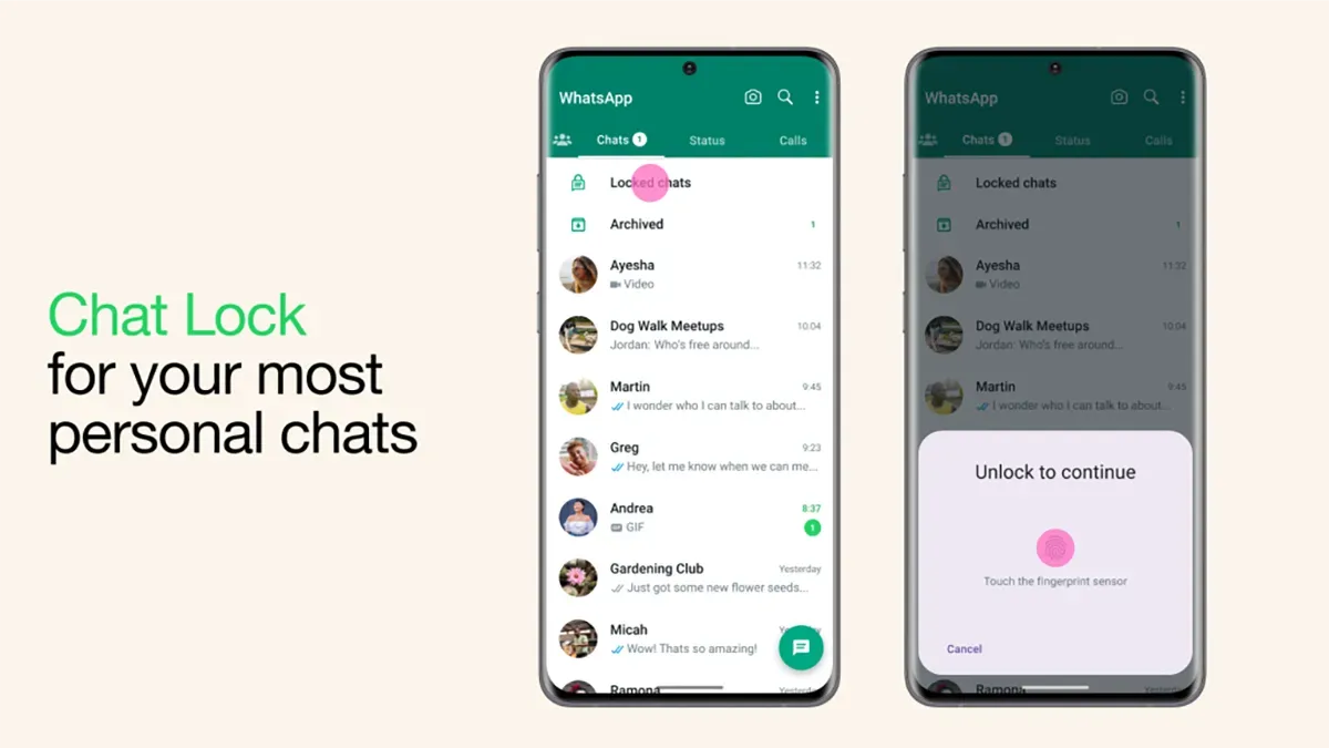 Interface mobile WhatsApp montrant le dossier Discussions verrouillées et l'écran de déverrouillage biométrique.