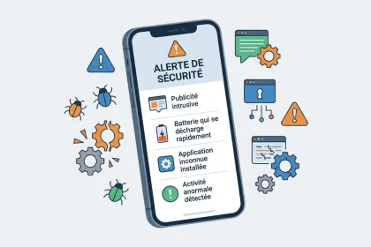 Signes d’un virus sur un téléphone portable avec alertes de sécurité, publicités intrusives et applications inconnues.