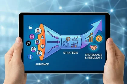 Entonnoir de conversion montrant le passage d'une audience sur les réseaux sociaux vers la croissance et les résultats.