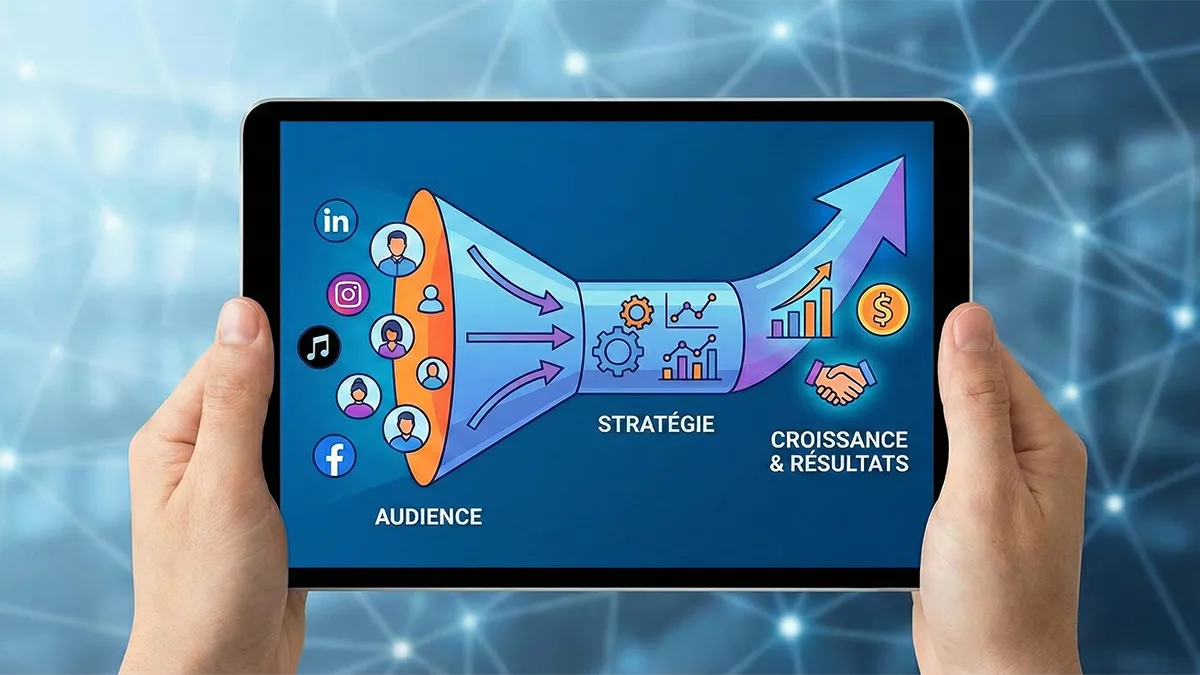 Entonnoir de conversion montrant le passage d'une audience sur les réseaux sociaux vers la croissance et les résultats.