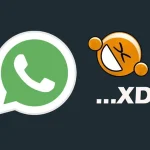 Logo WhatsApp à gauche et visage riant type XD à droite, illustration de la signification de XD sur WhatsApp