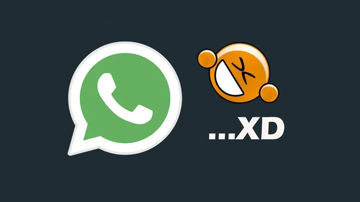 Logo WhatsApp à gauche et visage riant type XD à droite, illustration de la signification de XD sur WhatsApp